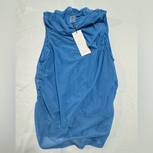 Calia Ruched Mock Neck Tank Blue NWT Sheer Mesh Sleeveless Medium